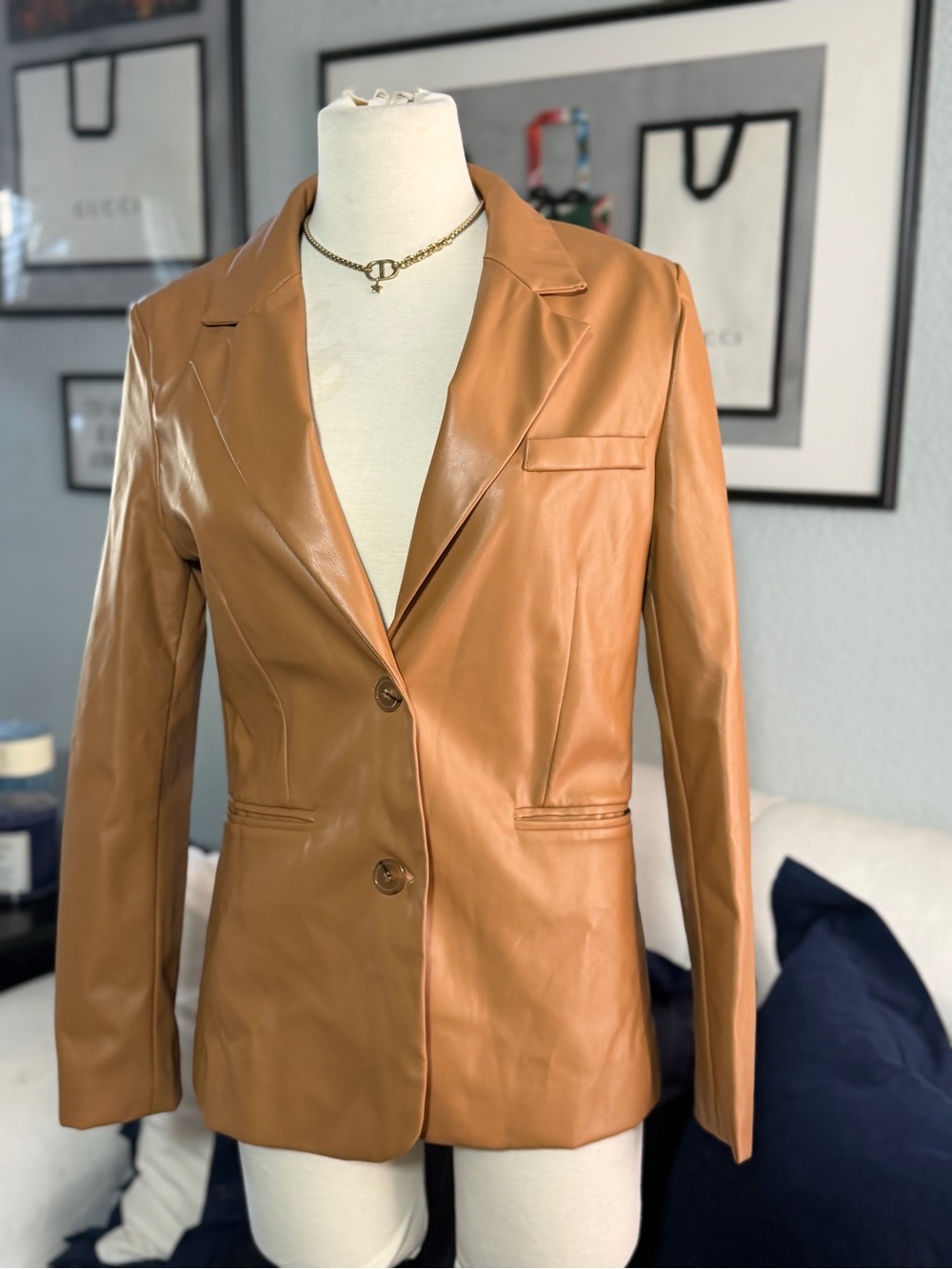 Women's Tan Faux Leather Blazer Jacket S